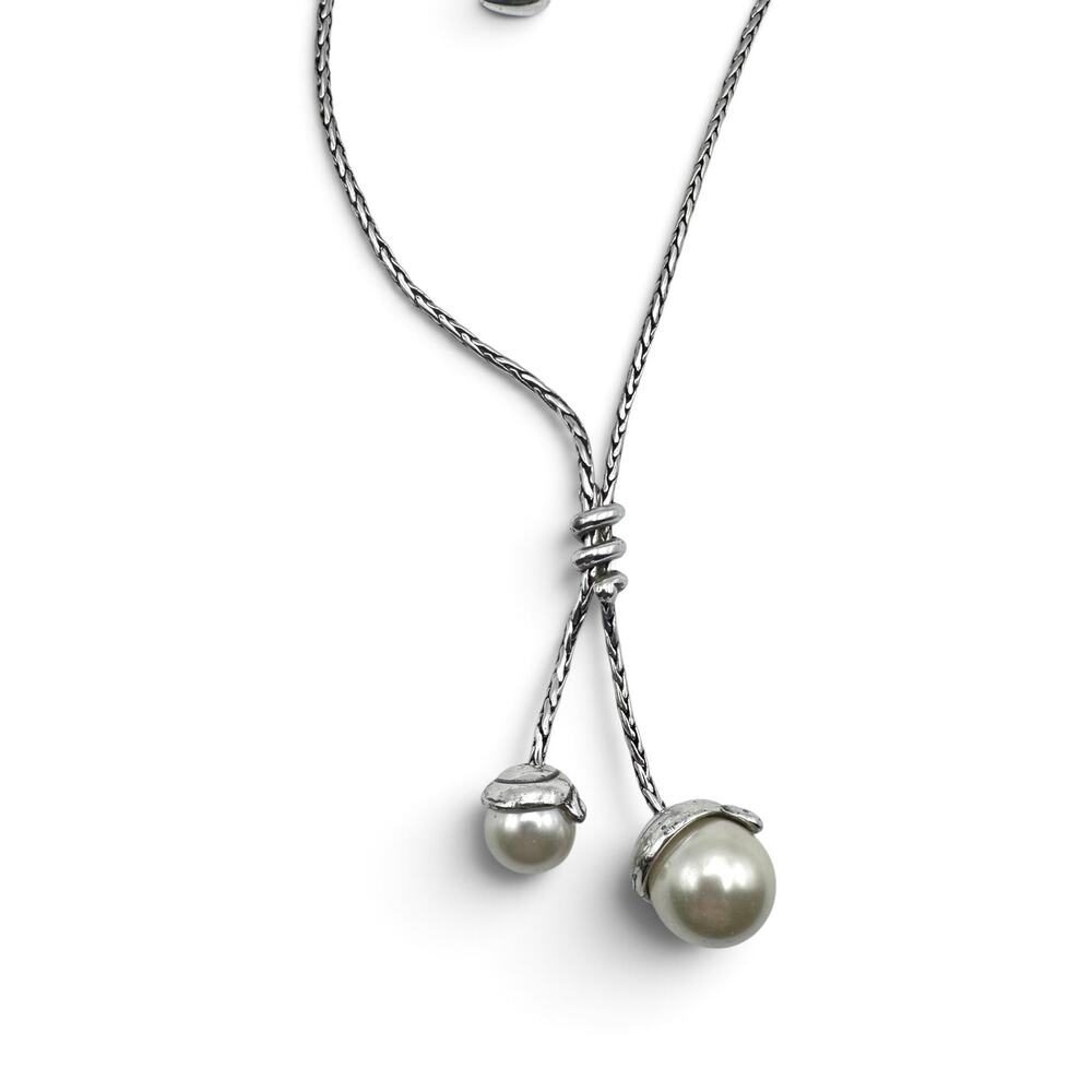 Brighton Twist Pearl Lariat Necklace Silver Faux Pearl Retired